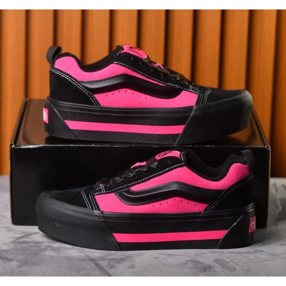 New! Size: 7.5 Women | VANS Knu Skate Platform Stacked | Black/Pink Satin - Picture 1 of 16
